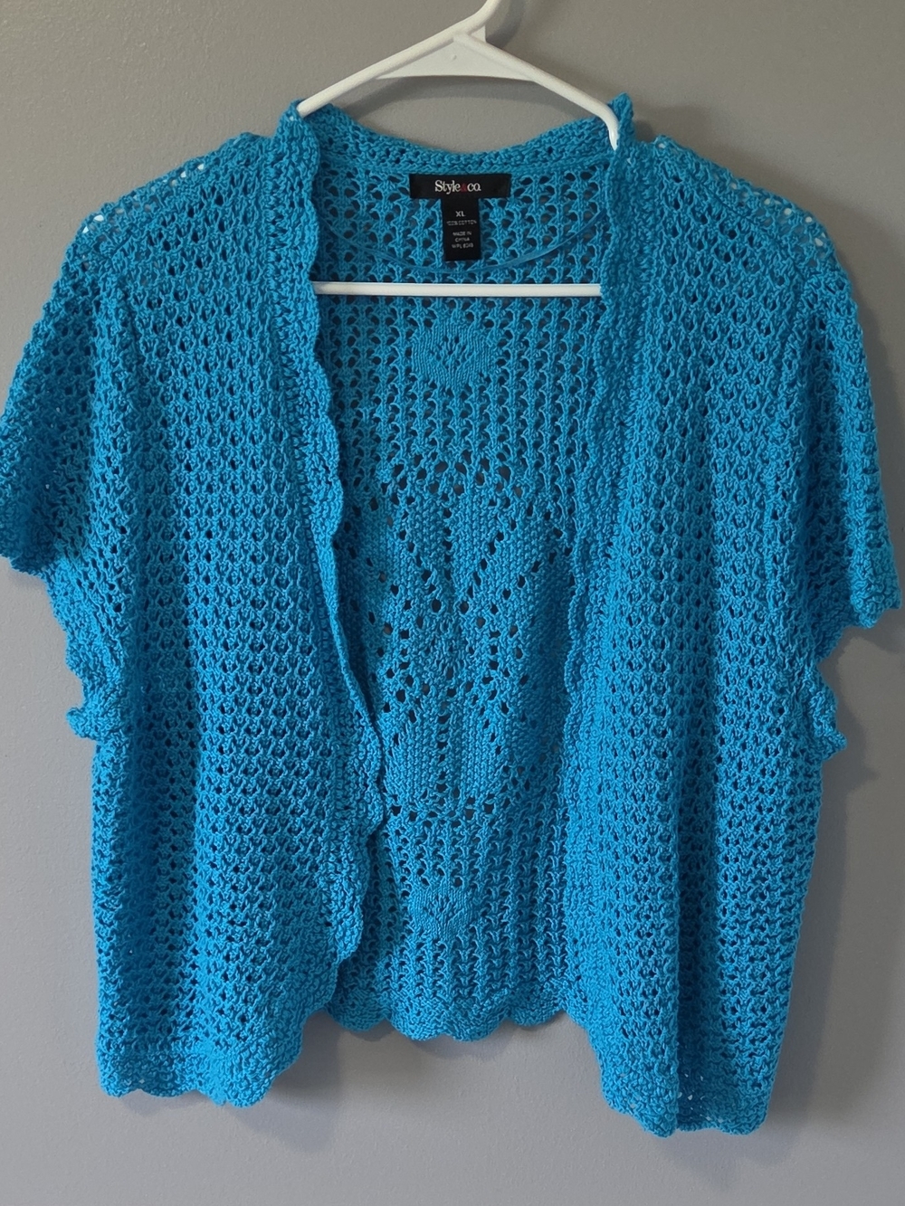 Style & Co. Turquoise Teal Open-Knit Short Sleeve Open Front Cardigan XL